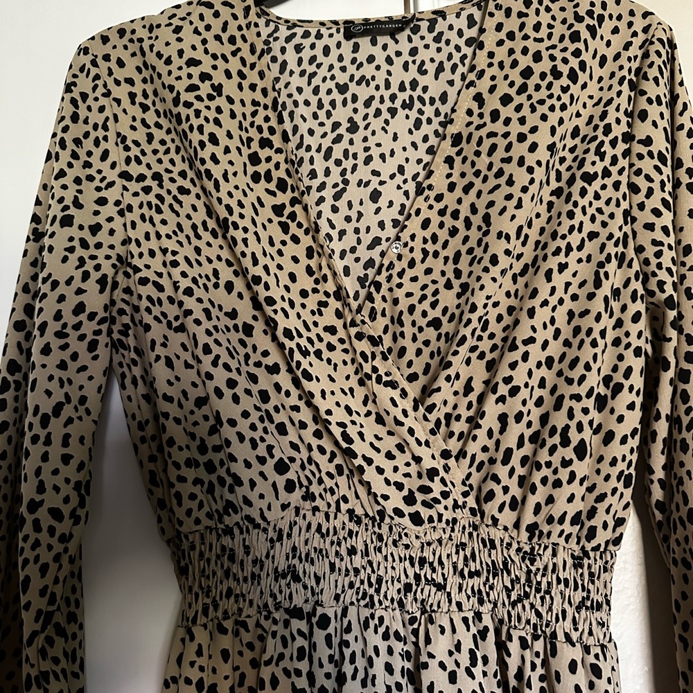PrettyGarden Leopard Mini Dress, Long Sleeve, V neck, Chiffon Swing, Size Small - Picture 3 of 4